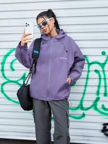 SHEIN Sports 帽裝字母印花外套,適用於戶外運動 - 紫色 - 查看 1