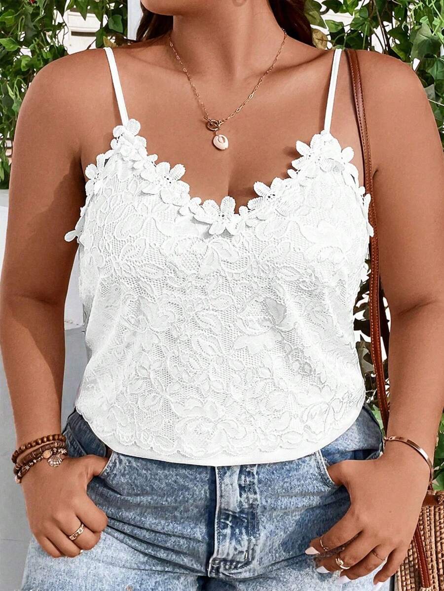 SHEIN Clasi Áo hai dây Plus Size Đề can Tương phản ren màu trơn Giải trí - trắng - Xem 1