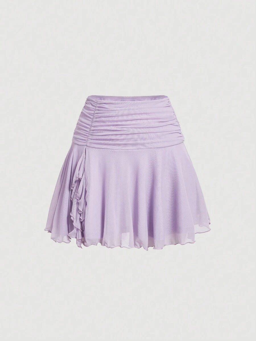 SHEIN MOD Falda con detalles de pliegues, volantes y decorada en el ruedo para mujer - Púrpura malva - Ver 1