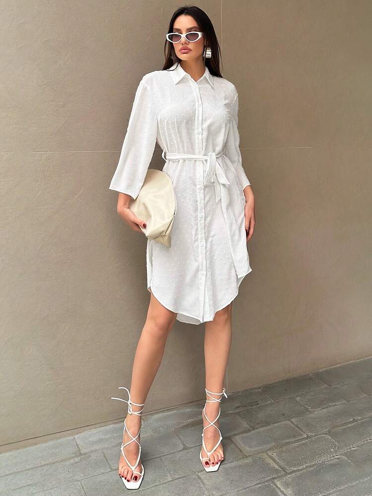 White Jacquard Texture Open Front Shirt Collar Casual Vacation Dress With Waist Tie And Sleeve Detail For Women