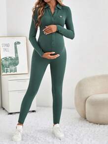 SHEIN Maternity Button-Front Long Sleeve Jumpsuit - Dark Green - View 3