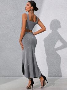 SHEIN Unity 女用金屬線短上衣和開衩下擺緊身裙套裝 - 銀色 - 查看 2