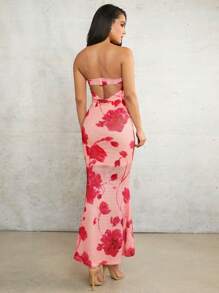 SHEIN BAE San hô Màu hồng In hoa Ống ngọn Vắt Không lưng Mùa Xuân Và Mùa hè Kỳ nghỉ bờ biển Chặt Co giãn Dài Đầm - Nhiều màu - Xem 6