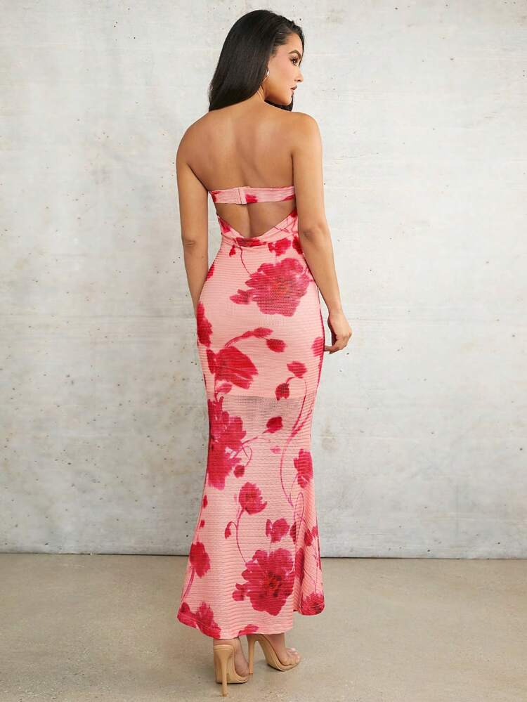 Coral Pink Floral Print Tube Top Draped Backless Spring And Summer Vacation Beach Tight Stretch Long Dress
