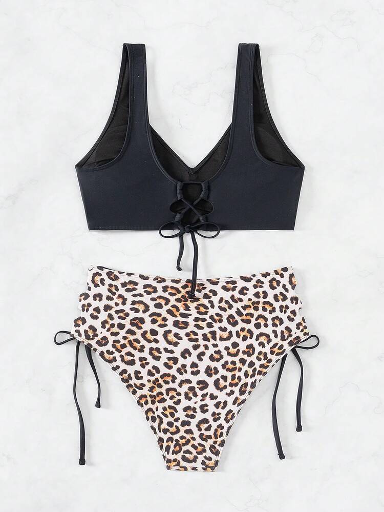 SHEIN Swim V領比基尼套裝,豹紋側交叉帶底部,海灘裝泳衣夏季 - 彩色 - 查看 6