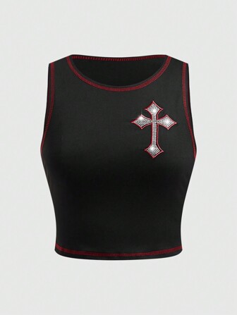 Goth Punk Street Style Cross Crystal Decoration & Contrast Color Embroidery & Contrast Color Stitching Women's Tank Top