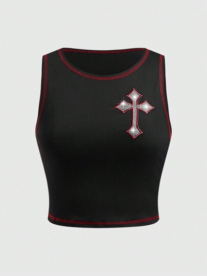 Goth Punk Street Style Cross Crystal Decoration & Contrast Color Embroidery & Contrast Color Stitching Women's Tank Top