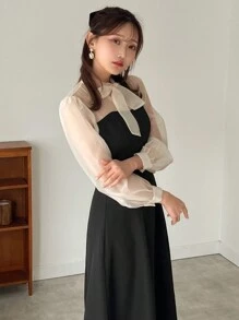 FRIFUL Ladies' Color Block Belted V-Neck Long Sleeve Dress