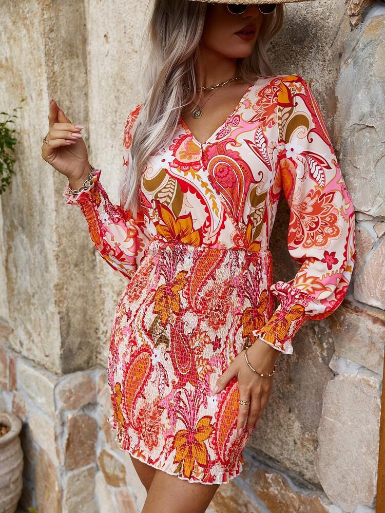 Women's Fitted Wrap Dress With Paisley Print Fall Cloth For Women