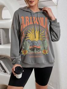 SHEIN EZwear Áo sweatshirt cỡ lớn, kiểu dáng tối giản, họa tiết hoa hướng dương và xương rồng ARIZONA, có dây rút, dành cho nữ, thích hợp cho mùa thu/đông. - Xám - Xem 3