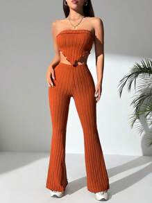 SHEIN PETITE Top bandeau estriado liso y pantalones acampanados - Burdeos - Ver 6