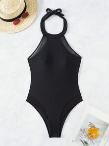 SHEIN Swim Mesh Splice Halter One-Piece Swimsuit - Black - View 7