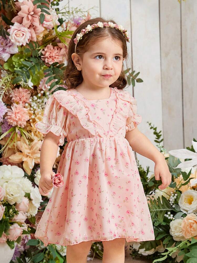 Baby Girl Spring/Summer Elegant Pink Printed Dress With Small Floral & Metallic Polka Dot Pattern