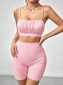 SHEIN Unity 纯色褶皱修身背心和短裤两件套 - 粉色 - 查看 4