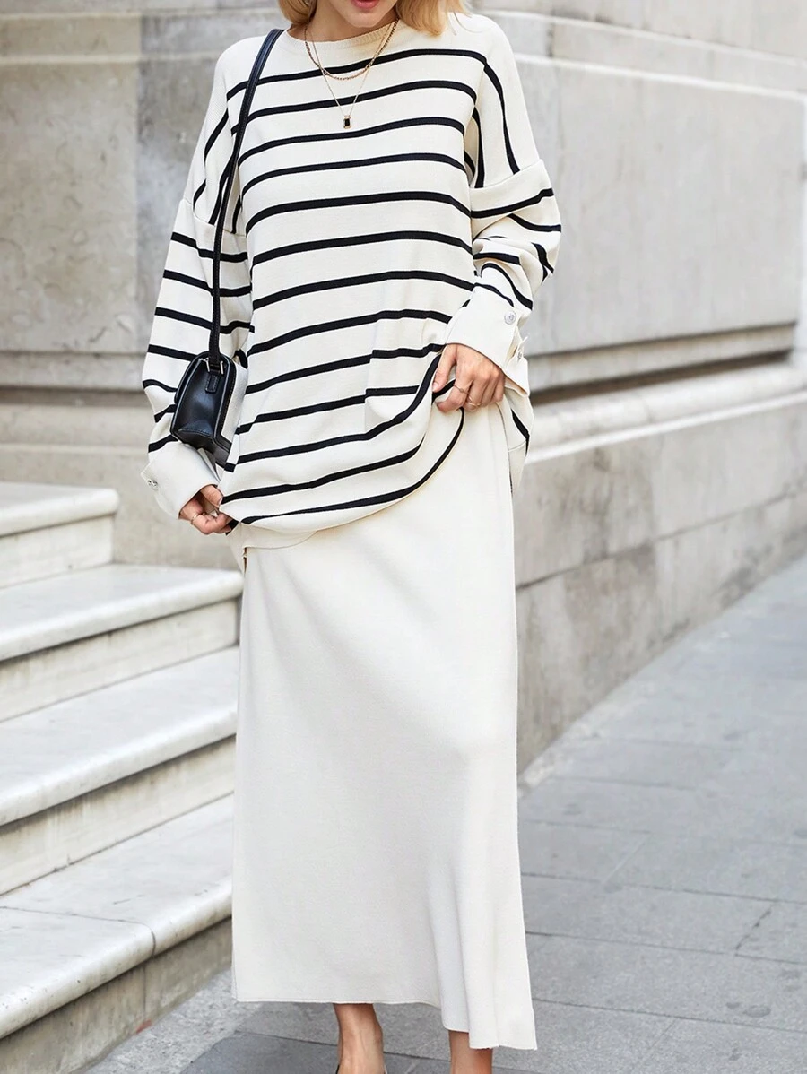SHEIN Cottnline Striped Pattern Drop Shoulder Sweater & Knit Skirt - Black and White - View 1