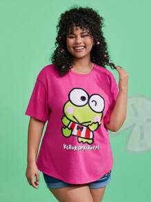HELLO KITTY AND FRIENDS | SHEIN Camiseta De Hombro Caído Con Estampado De Rana De Dibujos Animados En Tallas Grandes - Rosa Fucsia - Ver 3