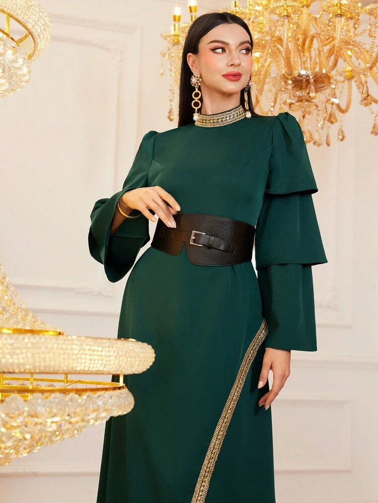 Women'S Woven Stripe Patchwork Flared Sleeve Dress Long Evening Dresses