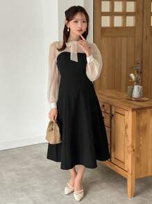 FRIFUL Ladies' Color Block Belted V-Neck Long Sleeve Dress