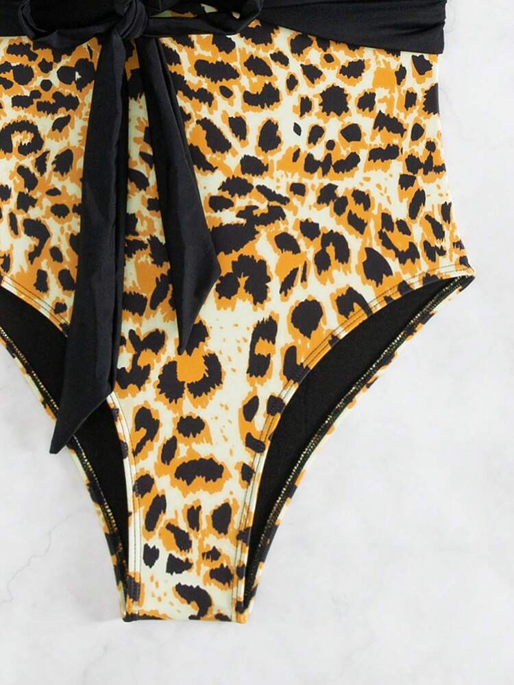 Women's Leopard Print Cut-Out Halter Strap One Piece Swimsuit Carnival Summer