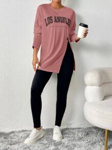 SHEIN Essnce Của phụ nữ In thư Viền chia cắt Áo thun Và Chặt Quần Hai chiếc Bộ - Bụi hồng - Xem 3