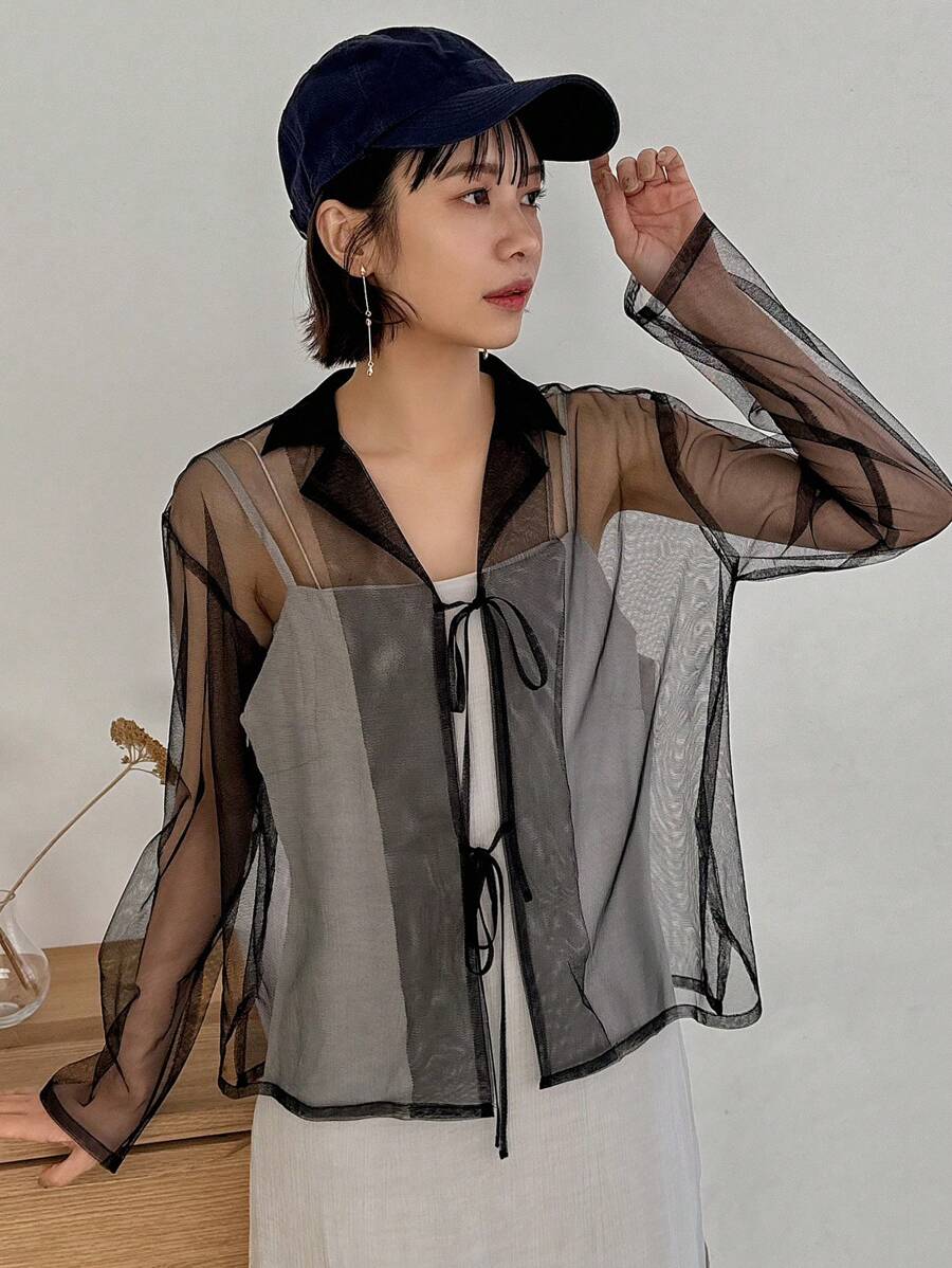 FRIFUL Designer Áo thun nữ tay dài mỏng và trong suốt có thắt lưng với thiết kế tinh tế - Màu xanh lam - Xem 1