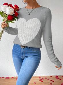 SHEIN Unity Heart Pattern Raglan Sleeve Sweater, Knit Pullover Fall Winter - Grey - View 5
