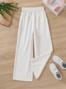 SHEIN Cô gái Tween Giải trí Eo cao quần ống rộng Quần jean Với Lớn Túi Và Xếp , Thích hợp Đối với Mặc hàng ngày Và bờ biển Kỳ nghỉ - trắng - Xem 2