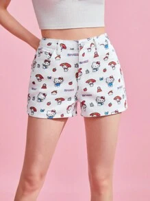 HELLO KITTY AND FRIENDS | SHEIN 白色草莓蘋果字母卡通圖案印花斜口袋牛仔短褲，春夏時尚可愛百搭 - 白色 - 查看 5