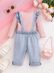 Vintaside Kids Conjunto De Jersey De Punto Acanalado Y Mono En General Con Volantes Para Bebé Niña - Multicolor - Ver 2