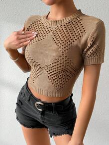 SHEIN Clasi Solid Color Hollow Out Knitted Short Sleeve Top - White - View 3