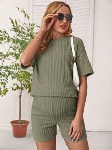 SHEIN Maternity Ribbed Round Neck T-Shirt And Shorts Two Pieces Set - Green - View 7