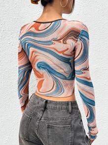 SHEIN EZwear Mesh Marble Print Top - Orange - View 2