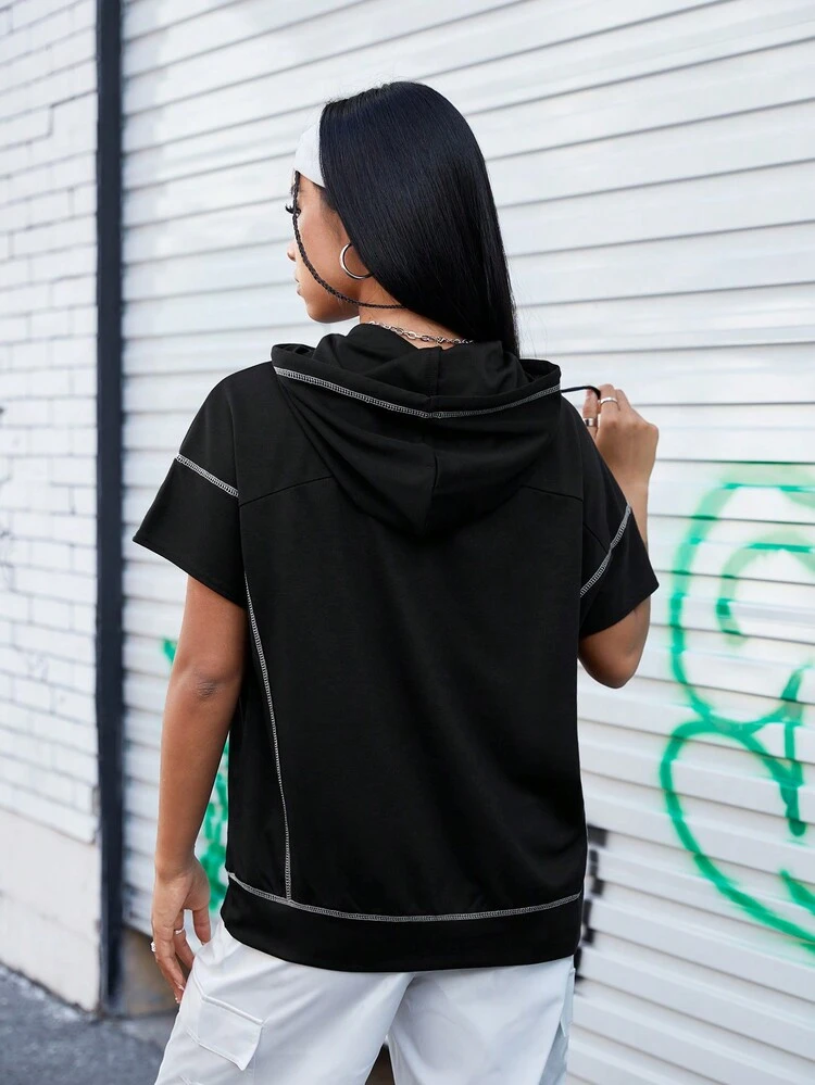 Drawstring Hooded Short Sleeve T-Shirt With Visible Stitching