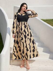 Modelyn Robe modeste à manches de lanterne longues avec imprimé vagues - Nude - Voir 3