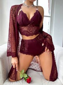 Women's Sexy Maroon Lace Thigh Length Lingerie Robe Set With Spaghetti Strap Bralette And High Waisted Panties - Maroon - View 4