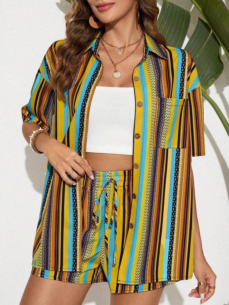 Full Print Pocket Front Shirt And Shorts Set