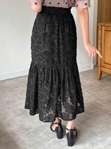 FRIFUL Falda evasé con estampado floral y volantes en el bajo para mujer - Negro - Ver 6