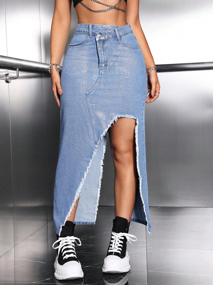 Women's Asymmetrical Waist & Frayed Edge & Split Design Denim Skirt