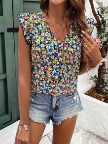 SHEIN Frenchy Camisa de cuello en V de estampado floral de verano con mangas abullonadas con volantes