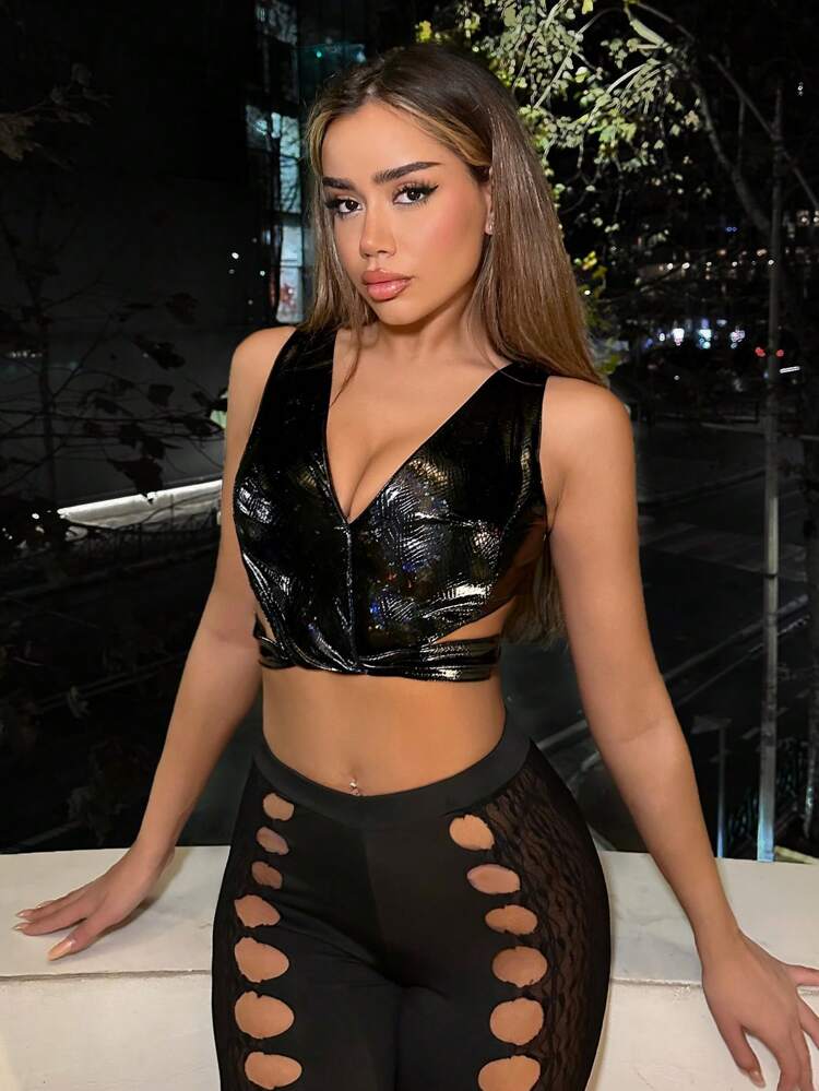 Y2k Summer Slim-Fit Holographic Pu Deep V Neck Crop Women's Tank Top For Summer