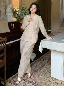 DAZY Women's Bamboo Print Side Knot Pajama Set - Khaki - View 3