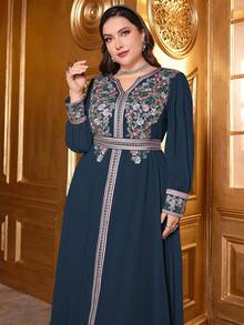 Plus Size Elegancka haftowana naszywka z kwiatowym wzorem Splice Skromna sukienka z długim rękawem, kaftan - Niebieski - Zobacz 7
