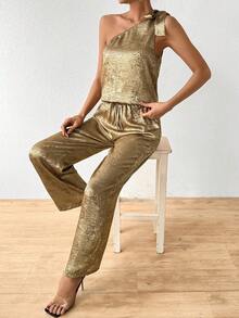 SHEIN Essnce 女士单肩无袖上衣和裤子套装 - 金色 - 查看 6