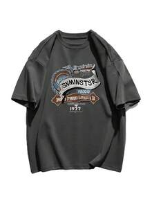 女士夏季休闲复古印花宽松 T 恤 - 深灰色 - 查看 3