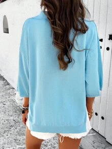 Ladies Solid Color Drop Shoulder Short Sleeve T-Shirt - Blue - View 2