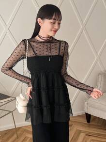 FRIFUL 女士褶皱吊带背心透明上衣 - 黑色 - 查看 3