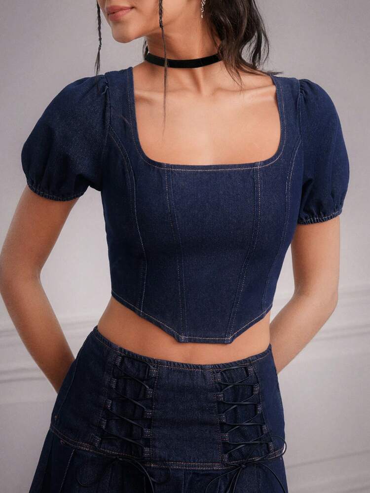 Women's Cropped Denim Top With Puff Sleeves