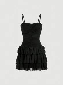 SHEIN MOD Layered Cake Tulle Spaghetti Strap Dress,Long Dress - Black - View 1