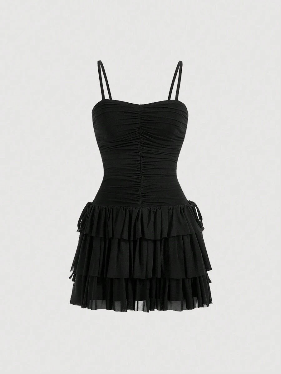 SHEIN MOD Layered Cake Tulle Spaghetti Strap Dress,Long Dress - Black - View 1