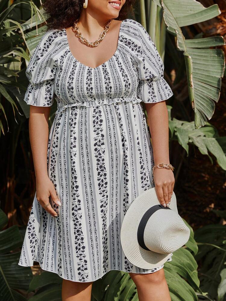 Plus Size Floral Printed Flounce Sleeve Shirred Panel Dress